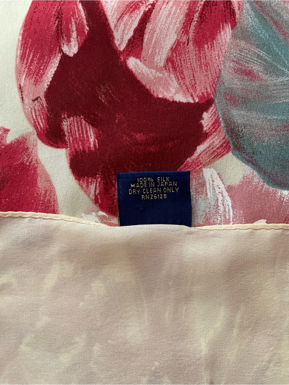 100% Silk Square Scarf Floral Peony & Tulip Red & Pink on Cream Background - Picture 2 of 6